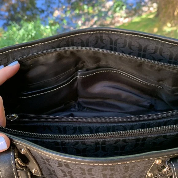 Vintage Fossil Shoulder bag large black leather canvas silver hardware Y2K - Picture 14 of 15